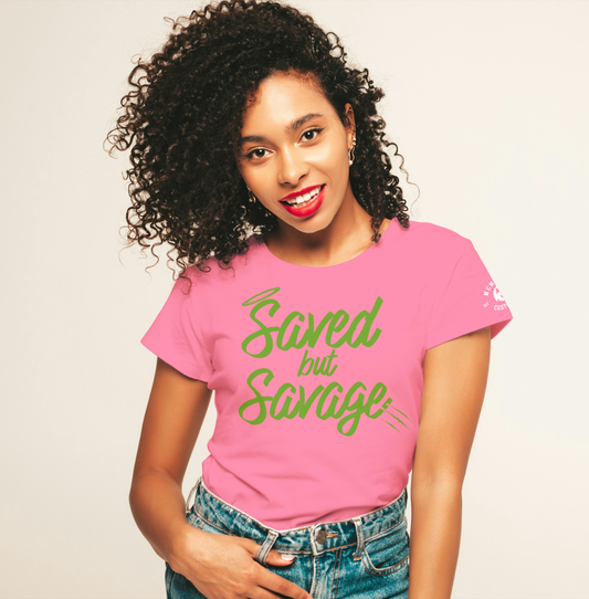 Saved But Savage Pink Tee- Green Graphics