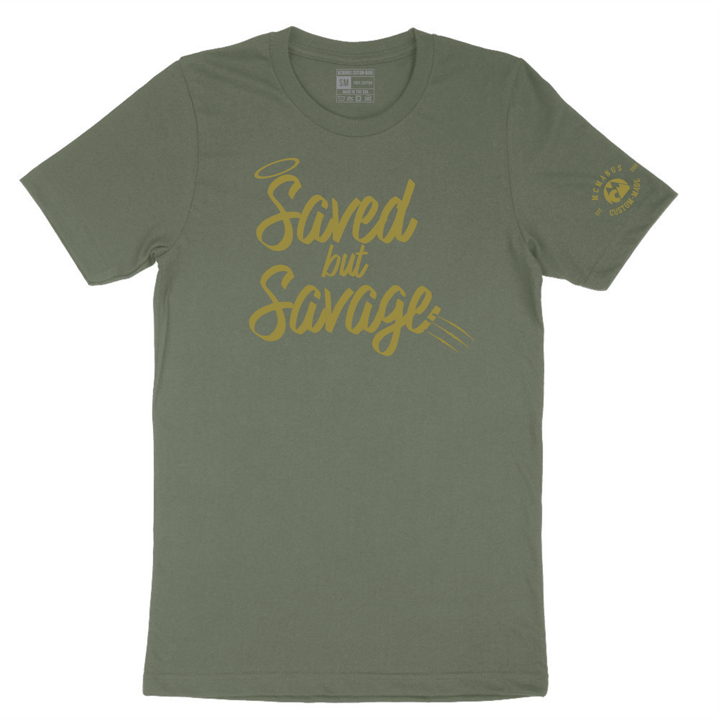 Saved But Savage Olive Tee - Gold Graphics