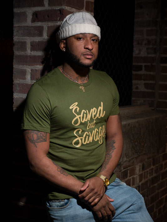 Saved But Savage Olive Tee - Gold Graphics